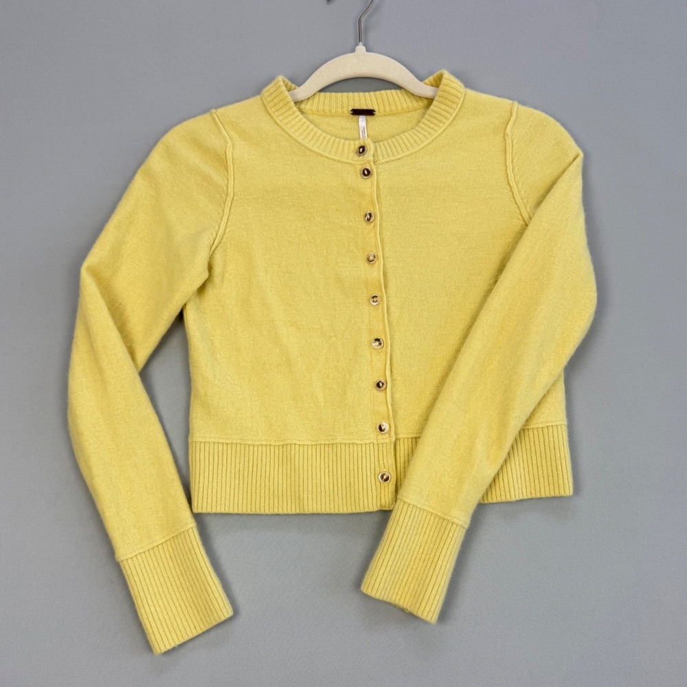 Free People Preppy Cardigan Cropped Wool Cashmere Blend Knit Sweater Yellow XS